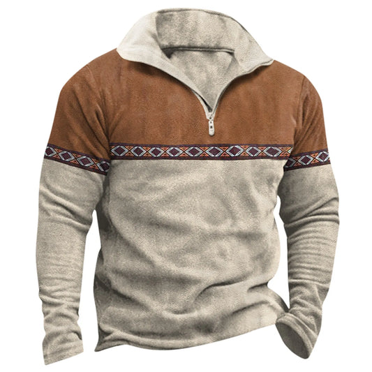 Retro Sweatshirt For Men Quarter Zip Up Lapel Long Sleeve Polo Sweetshirts Western Ethnic Pullover Lightweight Harajuku Sudadera