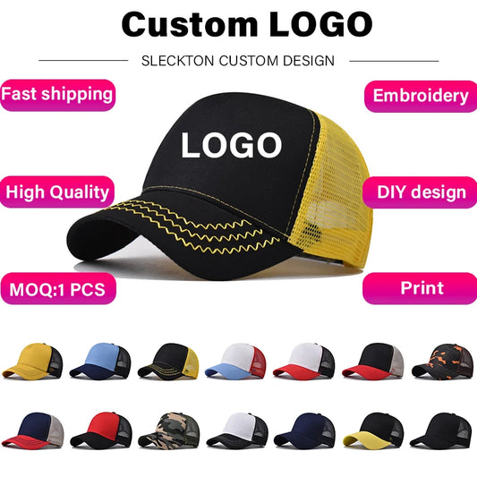 SLECKTON Custom Logo Embroidery Baseball Cap for Men and Women Brand Design Picture Print Mesh Cap Trucker Hat Unisex Wholesale