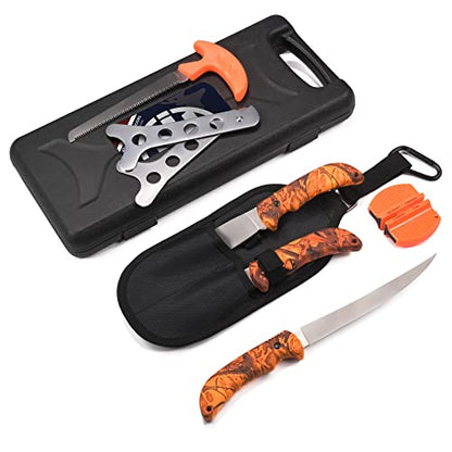 KNINE OUTDOORS 2022 Hunting Deer Knife Set Red Maple Camo Handle Field Dressing Kit Portable Game Processor Set with Nylon Belt Sheath, 8 Pieces
