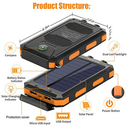 Durecopow Solar Charger, 20000mAh Portable Outdoor Waterproof Solar Power Bank, Camping External Backup Battery Pack Dual 5V USB Ports Output, 2 Led Light Flashlight with Compass (Orange)