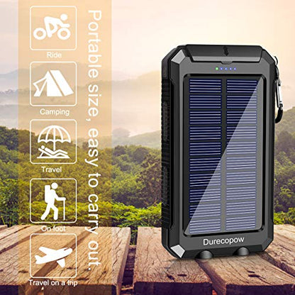 Durecopow Solar Charger, 20000mAh Portable Outdoor Waterproof Solar Power Bank, Camping External Backup Battery Pack Dual 5V USB Ports Output, 2 Led Light Flashlight with Compass (Orange)